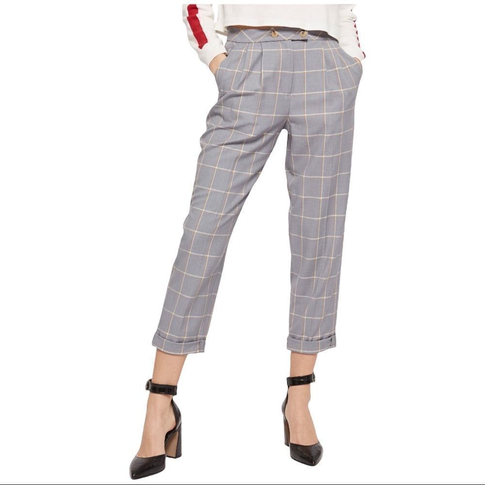 NWT Topshop Tall Grey Windowpane Plaid Tapered Pleated High Waist Trousers US 4